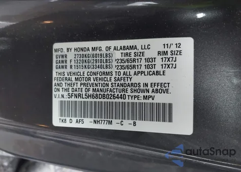 2013 Honda Odyssey Ex-L z USA, uszkodzony, nr VIN 5FNRL5H68DB026440